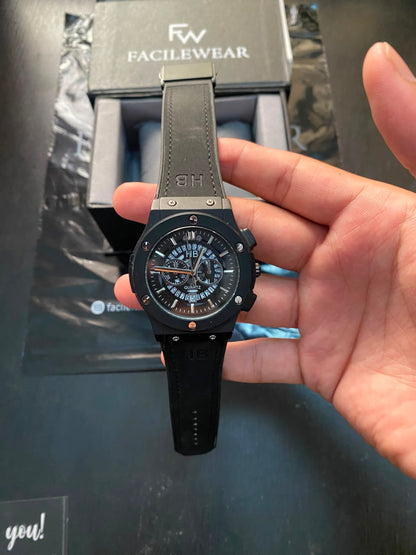 HB Full Black Leather Strap Premium Watch