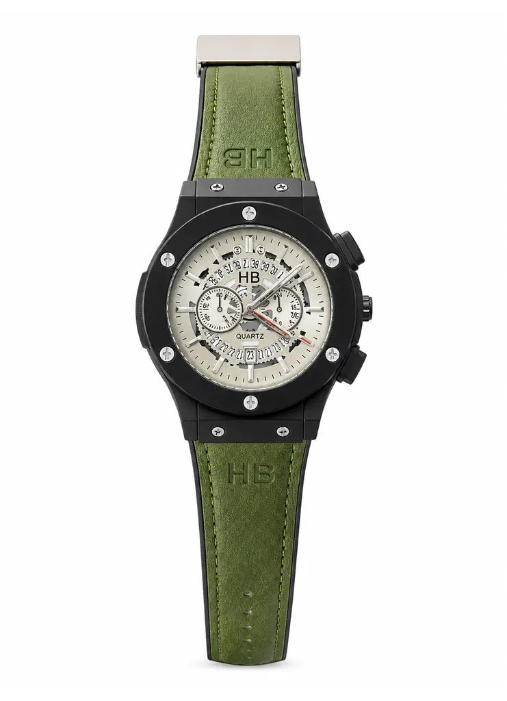 HB Green Leather Strap Premium Watch