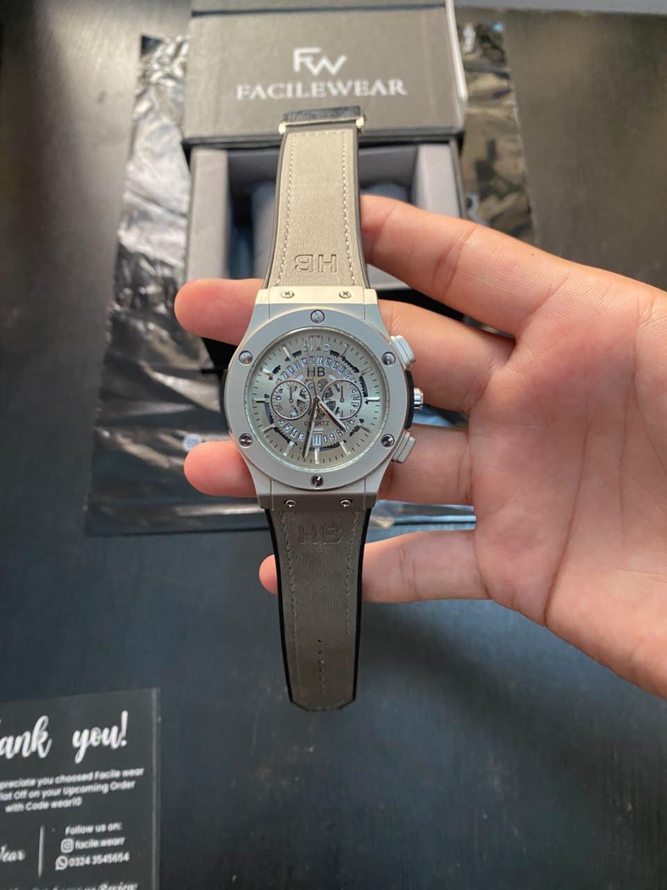 HB Grey Leather Strap Premium Watch