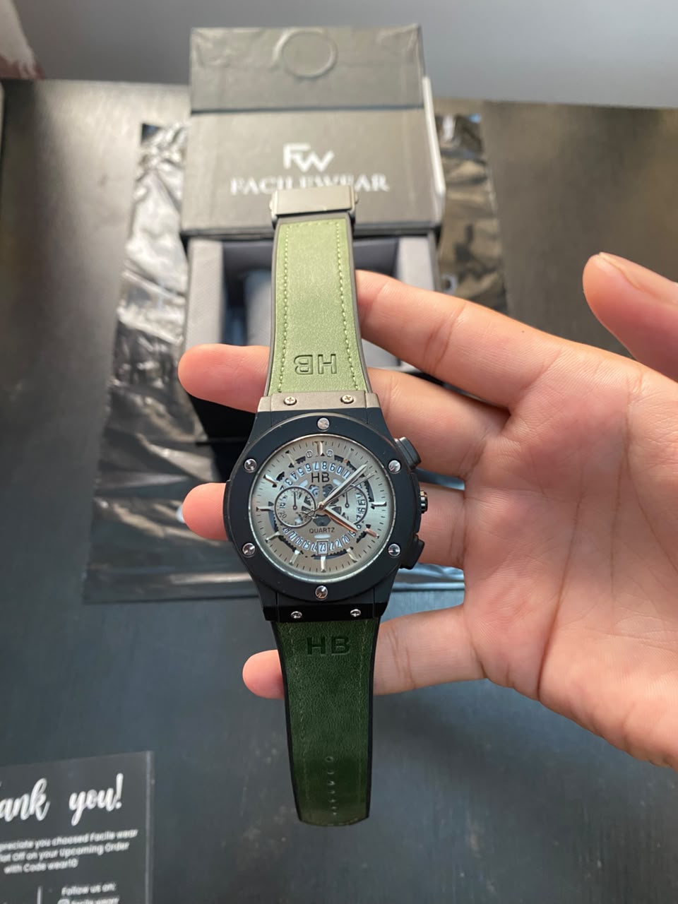 HB Green Leather Strap Premium Watch