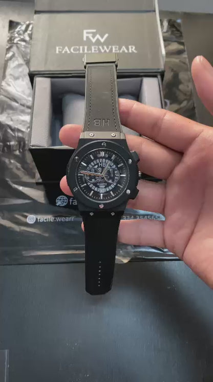 HB Full Black Leather Strap Premium Watch